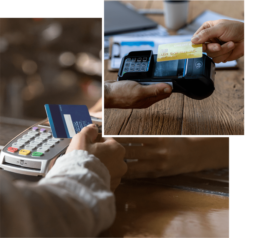 Processing credit cards at checkout.